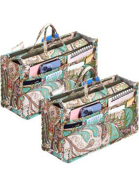 2 Pcs Peacock Flower Handbag Organizers - 13 Pocket Tote Insert for Women